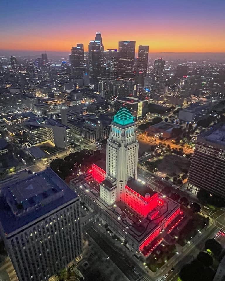 A view of the city from above at night.